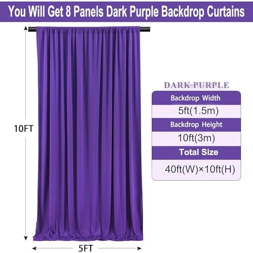 40ft×10ft Wrinkle Free Dark Purple Backdrop Curtain for Party, 8 Panels 5ft×10ft Soft Silky Polyester Purple Photo Backdrop Drapes for Birthday Baby Shower Wedding Mother's Day Photography - Image 3