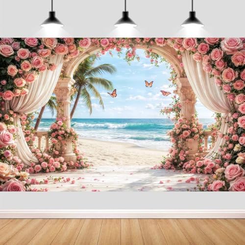 12X10FT Rose Backdrop Party Bridal Shower Photoshoot Valentine's Day Mother's Day Wedding Anniversary Baby Shower Summer Hawaiian Beach Photography Backdrop Palm Trees Photo Banner Supplies - Image 5