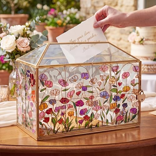 Patelai Hand Painted Floral Stained 12.6 Inch Large Wedding Glass Card Box by Patelai