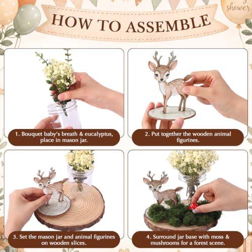Rtteri 6 Set Woodland Animal Table Centerpiece Baby Shower Gifts Include Wood Slices Mason Jars with Forest Animal Decor Mushroom Moss Greenery for Rustic Party Gender Reveal Birthday Photo Props - Image 5