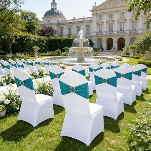 Turquoise Chair Sashes 50 Pack, Spandex Turquoise Chair Bows with Gold Buckle for Wedding Decoration, Teal Chairs Bands for Party Banquet Gender Reveal Décor - Image 2