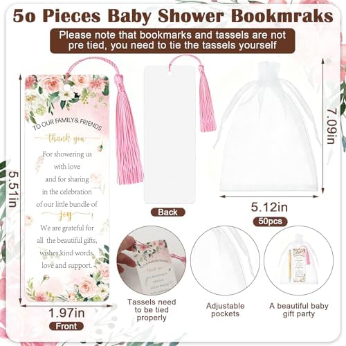 Whaline 50 Sets Baby Shower Favors Pink Floral Flower Engraved Retractable Ballpoint Pens with Thank You Bookmarks and Organza Bags for Gender Reveal Party Gifts Guest Prizes - Image 2