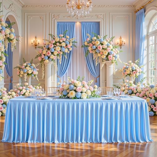 Wish Care Blue Satin Table Clothes for 4 Foot Rectangle Tables - 4FT Wrinkle Resistant Glitter Rectangle Tablecloths, Party Table Covers for Wedding Banquet, Baby Shower, Birthday, Holiday Dinner - Image 2
