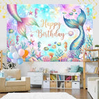 12X10Ft Mermaid Happy Birthday Backdrop Purple and Pink Princess Girls Birthday Party Decorations Starfish Shells Ocean Girls Baby Shower Banner Cake Smash Decor Photo Booth Props - Image 6