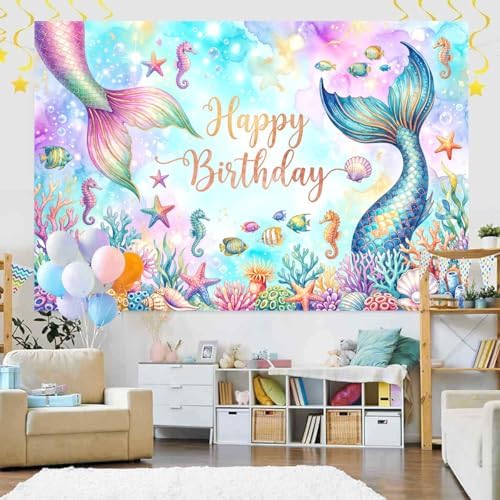 12X10Ft Mermaid Happy Birthday Backdrop Purple and Pink Princess Girls Birthday Party Decorations Starfish Shells Ocean Girls Baby Shower Banner Cake Smash Decor Photo Booth Props - Image 6