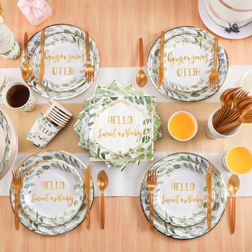 400 Pcs Baby Gender Reveal Plates and Cups and Napkins Sets with Forks Spoon Party Supplies Baby Shower Paper Tableware Gender Reveal Decorations Disposable Cutlery, Serves 50(Green White,Hello Sweet) - Image 3
