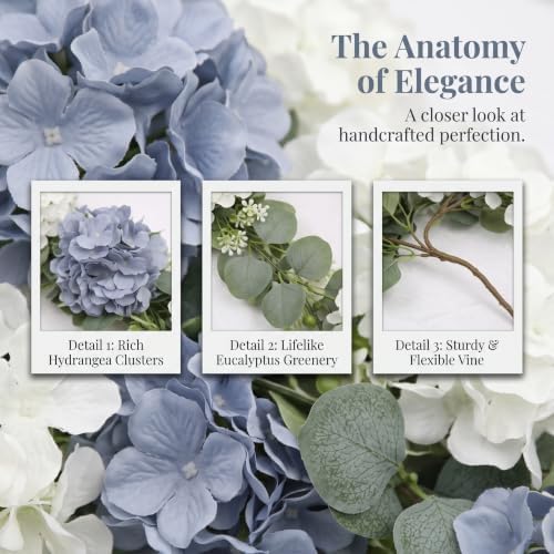 Artificial Hydrangea Flower Garland with Eucalyptus & Baby’s Breath 2PCS 6FT Floral Vines Greenery Garland for Mantel Wedding Arch Table Centerpiece Coastal Home Outdoor Decor (2, Dusty Blue & White) - Image 6