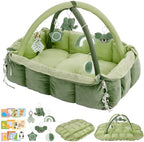 5-in-1 Baby Play Gym and Tummy Time Mat, 12 Learning Cards, Plush Activity Mat with 6 Toys, Convertible to Ball Pit, Baby Gift, Green by Unknown