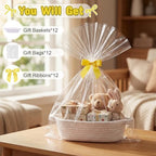 White 12 Set Small Woven Gift Basket with Gift Bags Ribbons Empty Gifts Baskets Woven Rope Storage Basket with Handles for Birthday Baby Shower Nursery Toy Organizer 9.1"x 5.1" x 2.8" - Image 3