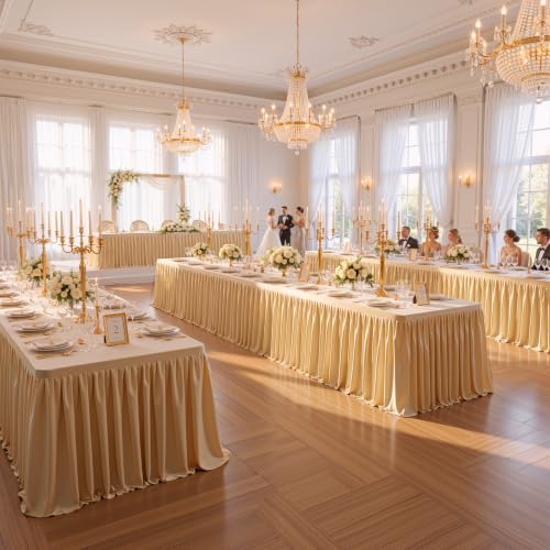 PARTISKY Champagne Polyester Table Skirt for Rectangle Tables 17ft, Wrinkle Resistant Pleated Ruffle Table Cloth for Banquet Wedding Display Dining Table - Image 4