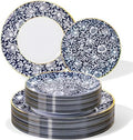 Hioasis Blue Plastic Plates, Blue Floral & Gold Rim, 60 Pcs for 30 Guests by Hioasis
