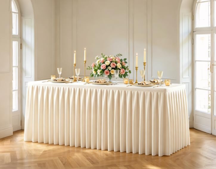 Champagne Polyester Table Cloths for Rectangle 4 Foot Tables, 1 Pack Wrinkle Free Tablecloths Stretchy Banquet Ruffle Fitted Table Cover Desk Skirt for Parties Wedding Birthday Baby Shower by Unknown