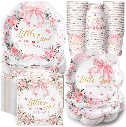 Newtay 250 Pcs a Sweet Little Girl Is on The Way Baby Shower Plates Napkins by Newtay