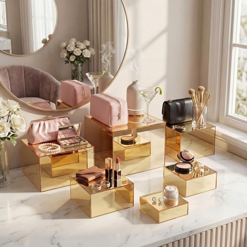 Geelin 6 Pack Acrylic Risers for Display Acrylic Cube Boxes Risers Display Stands with Hollow Bottoms Decorative Stand for Jewelry Candy Table Decor 6 Sizes(Gold,3 to 8 Inch,Square) - Image 6