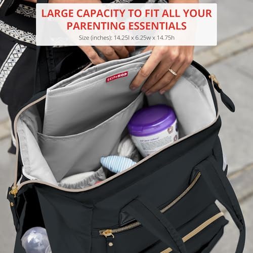 Skip Hop Diaper Bag Backpack: Mainframe Large Capacity Wide Open Structure with Changing Pad & Stroller Attachement, Black with Gold Trim, 14.25x6.25x14.75 Inch (Pack of 3) - Image 6
