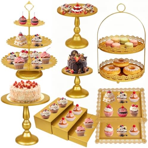 10 Pcs Gold Cake Stand Set Metal Cupcake Stands, Multiple Styles Dessert Display Tower for Candy Fruit, Cake Serving Trays for Birthday, Wedding, Anniversary, Baby Shower, Engagement Party by HAISIWLKJ