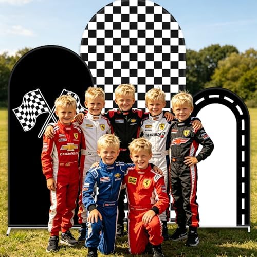 FYSUIMU 3 Pcs Race Car Arch Backdrop Covers Black White Checkered Flag Racing Track Stretchy Spandex Arch Stand Fabric Cover for Racer Birthday Baby Shower Fast Party Decoration (4ft/5ft/6ft) - Image 7