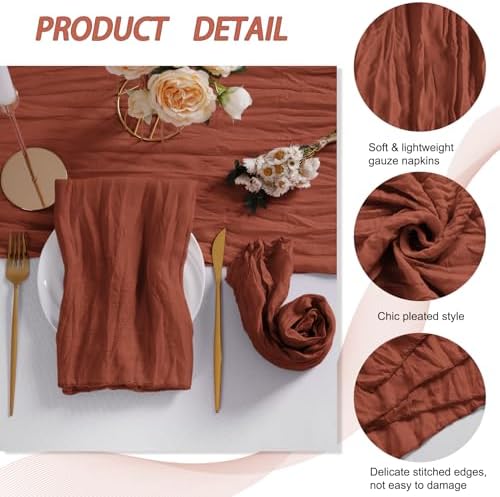 LZY 60 Pack Gauze Cheesecloth Napkins 20x20 Inch Dinner Cloth Napkins, Soft Boho Table Napkins Rustic Wrinkled Cheese Cloth Napkins Bulk for Wedding Party Baby Shower Event Decor (Terracotta) - Image 4