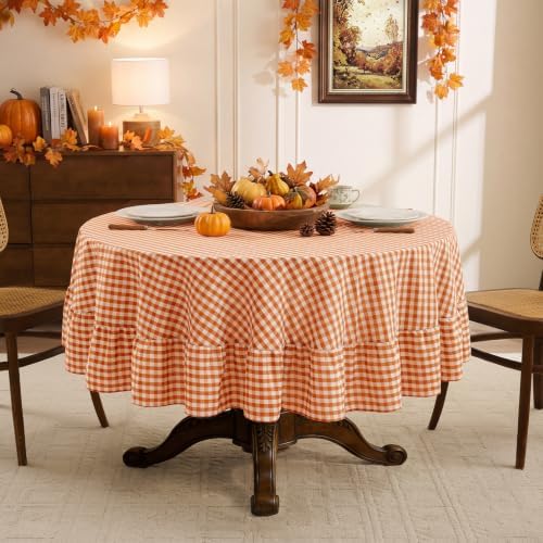 Romanstile Fall Gingham Ruffled Round Tablecloth, 70 Inch Orange - Image 4