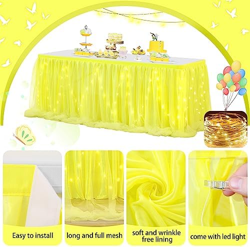 PARTISKY Yellow Tulle Tutu Table Skirt for Rectangle Tables or Round Tables,Led Light String Table Cloth for Wedding Baby Shower Birthday Party Dessert/Cake Tables - Image 5