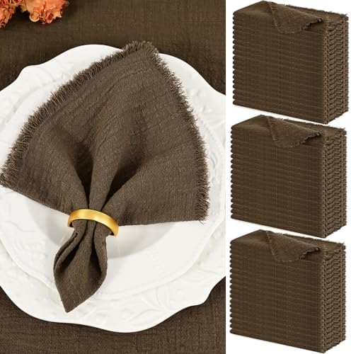 Showgeous 60 Pack Brown Cloth Napkins with Fringe, 16x16 inch 100% Cotton by Showgeous