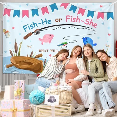 AIBIIN Fishing Gender Reveal Backdrop Blue and Pink Fish He Or Fish She What Will Baby Be Photography Background Ocean Boy or Girl Gender Reveal Party Banner Photo Prop 8x6ft - Image 4