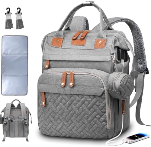 SHITIESHOU Diaper Bag Backpack Baby Bag for Mom Dad with Changing Pad, 19 Pockets, Large Waterproof Travel Baby Girl Boy Toddle Diaper Bag with Insulated Pocket, Baby Shower Gifts, Grey by SHITIESHOU