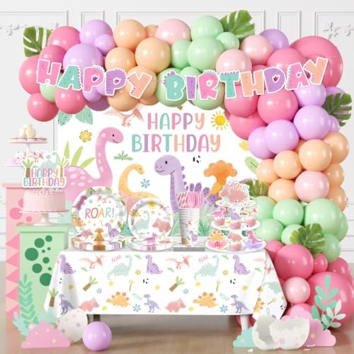 293pcs Pink Dinosaur Birthday Decorations for Girl, All-in-1 set, 25 Guests by Unknown