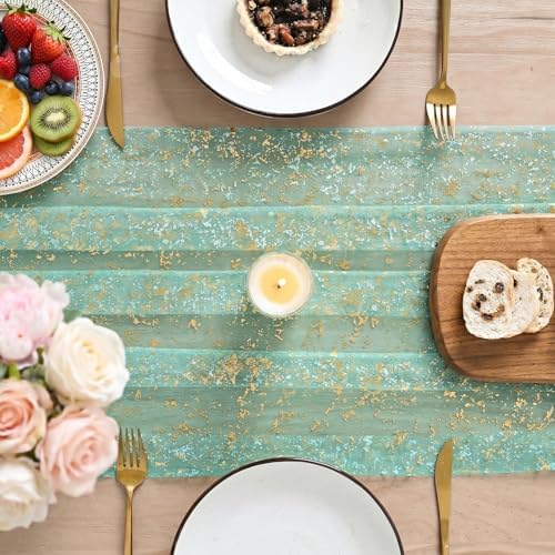 Artoid Mode 10Pcs Turquoise Gauze Gold Table Runner 10FT, Glitter Metallic Foil Sheer Dining Wedding Anniversary Holiday Table Decor for Home Party - Image 5