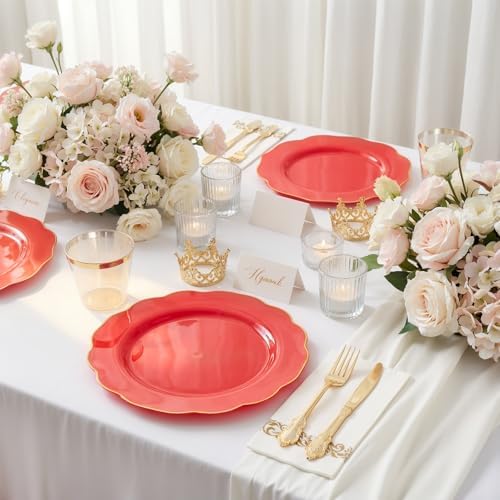 NOCCUR 175PCS Red Plastic Plates with Gold Disposable Silverware - Include 50 Red Gold Plastic Plates,25 Knives,25 Forks,25 Spoons,25 Cups and 25 Napkins - Ideal for Party/Hibachi Party/Wedding - Image 6
