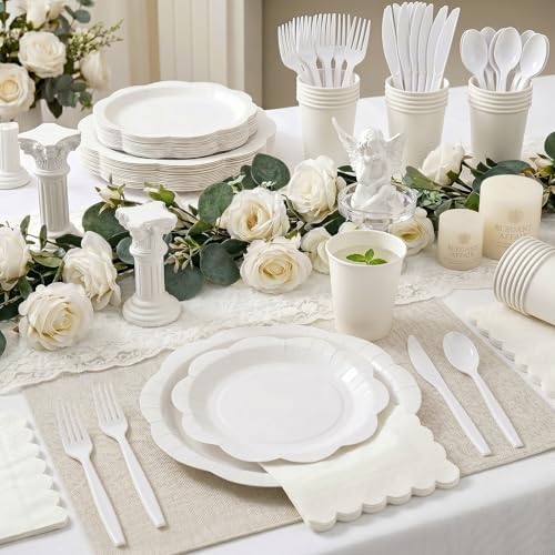 350 Pcs White Decagonal Disposable Party Supplies Set - 7" & 9" Paper Plates, 50 Cups, 150 Cutlery, 50 Napkins - Complete Party Kit for Wedding, Baby Shower, Birthday - Image 3