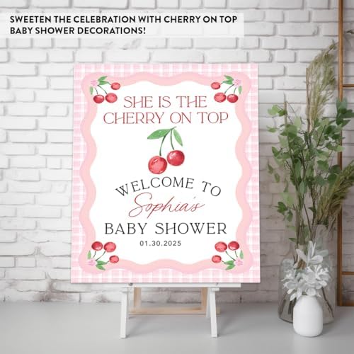 Andaz Press Personalized She's The Cherry on Top Baby Shower Decorations, Custom Pink Gingham Cherry Themed Party Decorations Baby Shower Welcome Sign Decor, 16x20 Inch - Image 3