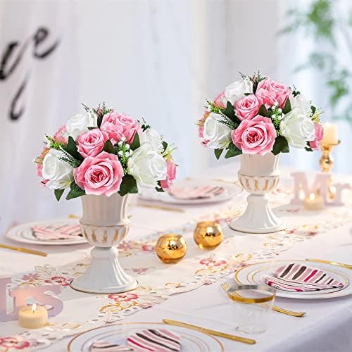 Sziqiqi Artificial Flower Centrepieces for Tables, Pink & White, 6Pcs - Image 4