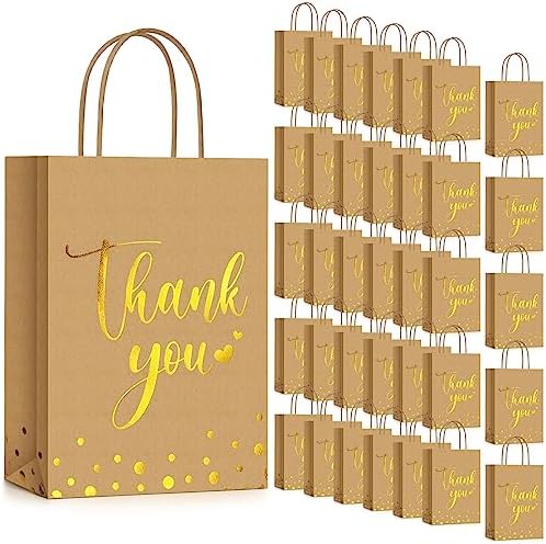 Tinlade 100 Pcs Thank You Gift Bags Bulk Paper Gold Thank You Wedding Bags with Handle for Business, Shopping, Wedding, Baby Shower, Party Favors (Brown) by Tinlade