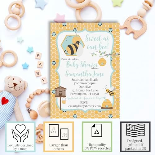 Custom Baby Shower Invites Bumble Bee Invitation for Boys, 20 Pack of 5x7 Personalized Honeycomb Invites with Envelopes - Unique Bumble Bee Baby Shower Cards by AmandaCreation - Image 2