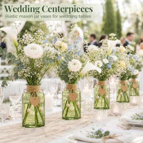 TBWIND Vintage Glass Flower Vase, 6PCS Farmhouse Green Mason Jar Vases - Image 4