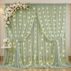 20 x 10ft Sage Green Chiffon Backdrop Curtain with Lights String for Parties,4 Panels Sheer Tulle Curtain Wedding Backdrop for Baby Shower Birthday Party Ceremony Reception Home Decorations by Partisky