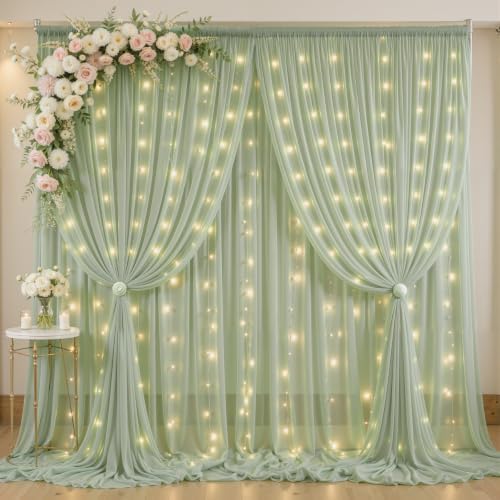 20 x 10ft Sage Green Chiffon Backdrop Curtain with Lights String for Parties,4 Panels Sheer Tulle Curtain Wedding Backdrop for Baby Shower Birthday Party Ceremony Reception Home Decorations by Partisky