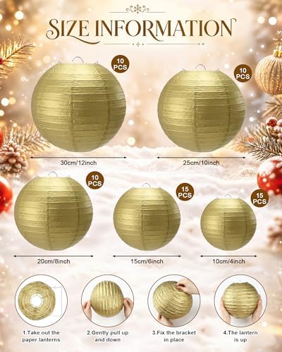 Treela Paper Lanterns Bulk, 5 Sizes, Round Chinese Lamp, Gold, 60 Pcs - Image 3