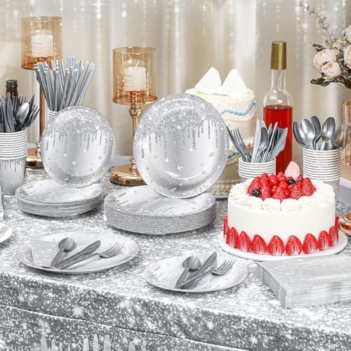 Funnymoom 452 Pcs Silver Birthday Party Decorations Include Diamonds Silver Glitter Paper Plates and Napkins Cups Tablecloth Cutlery Straws Disposable Tableware Set for Birthday Supplies - Image 5
