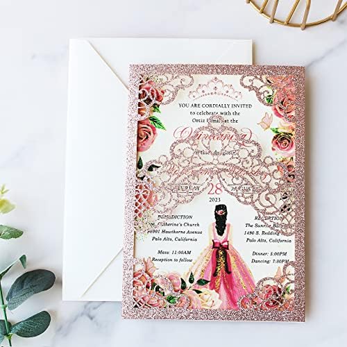 Hosmsua 50PCS Personalized Rose Gold Glitter Quinceanera Invitations Kit 5.1x7.3 Inch Laser Cut Floral Crown Quinceanera Invitation Cards with Envelopes for Birthday Quince Anos Invitation - Image 2