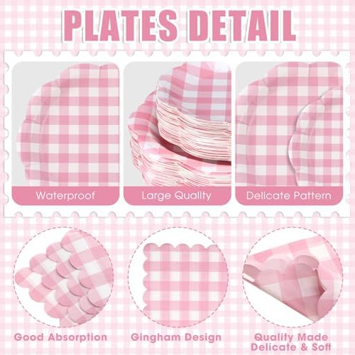 Funnymoom 400 Pcs Gingham Party Supplies for 50 Guests Pink and White Paper Plates and Napkins Knives Spoon Fork Cup Disposable Checkered Dinner Party Set Cutlery for Baby Shower Wedding Favor - Image 2