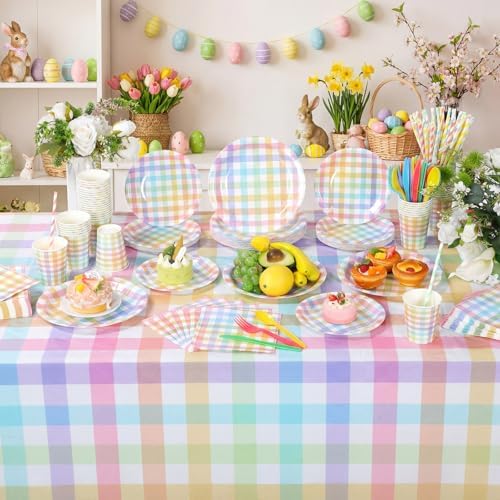 Funnymoom 452 Pcs Pastel Easter Party Decoration for 50, Spring Easter Paper Plates Napkins Cups Tablecloth Cutlery Straws Rainbow Pastel Gingham Plaid Tableware for Spring Birthday Party Supplies - Image 6