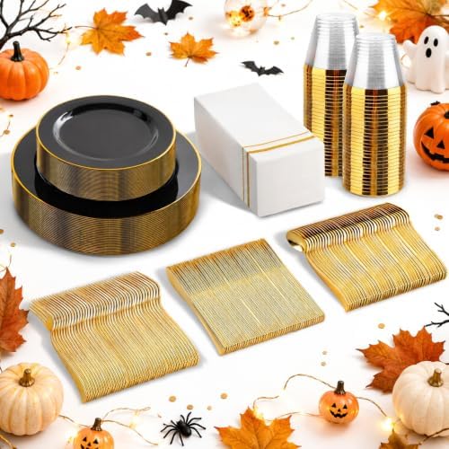 SUT 175 Piece Black and Glod Plastic Dinnerware Set for 25 Guests, Disposable Plastic Plates, Include: 25 Dinner Plates, 25 Dessert Plates, 25 Pre Rolled Napkins with Silver Silverware, 25 Cups by SeeYouTomorrow