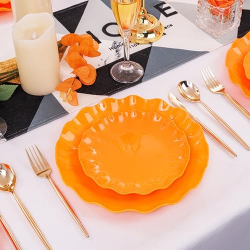 LIYH 24 Orange Plastic Plates Reusable for Thanksgiving Halloween 12 Guests - Image 6