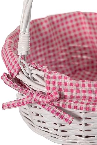 WICKERWISE Traditional White Round Willow Gift Basket with Pink and White Gingham Liner and Sturdy Foldable Handles, Food Snacks Storage Basket, Set of 3 - Image 7