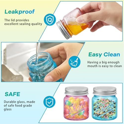Tessco for you Mini Mason Jar Shot Glasses with Lids 2 oz Dishwasher Safe Mason Canning Jars for Bachelorette Wedding Party Favors Bar Drinks Home Desserts Honey Jam Candy(Fresh Color,72 Pcs) - Image 3