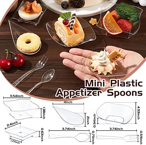 Tessco for you 400 Pcs Mini Appetizer Plates Set Including 200 Disposable Dessert Plates Assorted Shape 100 Mini Plastic Forks 100 Plastic Spoons for Party (Classic Style, Clear) - Image 2