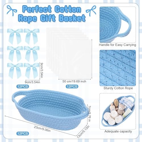 Blue 12 Set Small Woven Gift Basket with Gift Bags Ribbons Empty Gifts Baskets Woven Rope Storage Basket with Handles for Birthday Baby Shower Nursery Toy Organizer 9.1"x 5.1" x 2.8" - Image 2