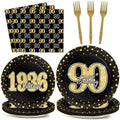 200PCS 90th Theme Birthday Party Tableware Vintage 1936 Party Supplies 90 year old Birthday Party Decorations Plates Napkins Forks Black and Gold Dinnerware Favors for Men or Women by ZOIIWA